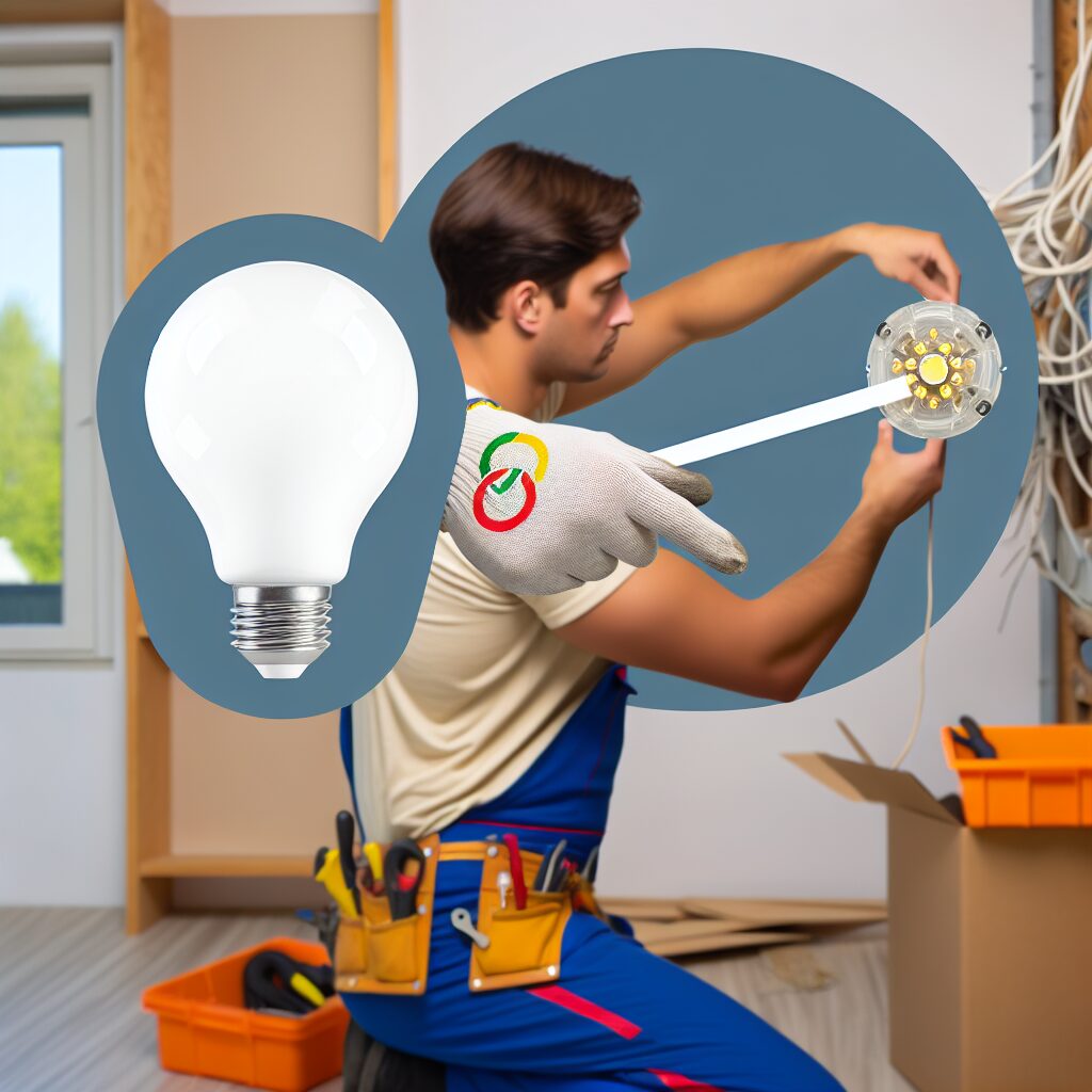Électricien installant une ampoule LED.