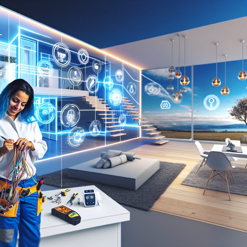 Femme utilisant des outils technologiques dans une maison futuriste.