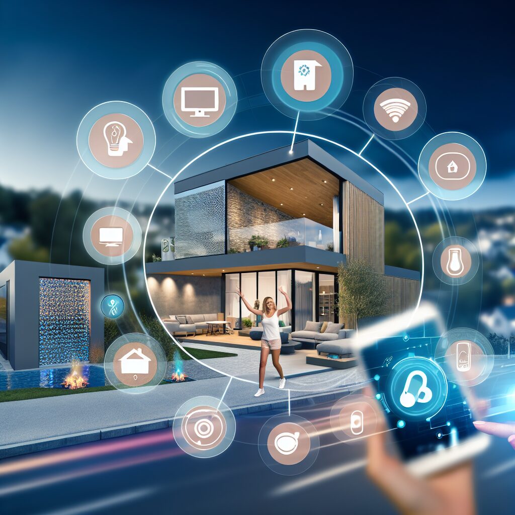 Femme utilisant une domotique connectée via smartphone près de chez elle.
