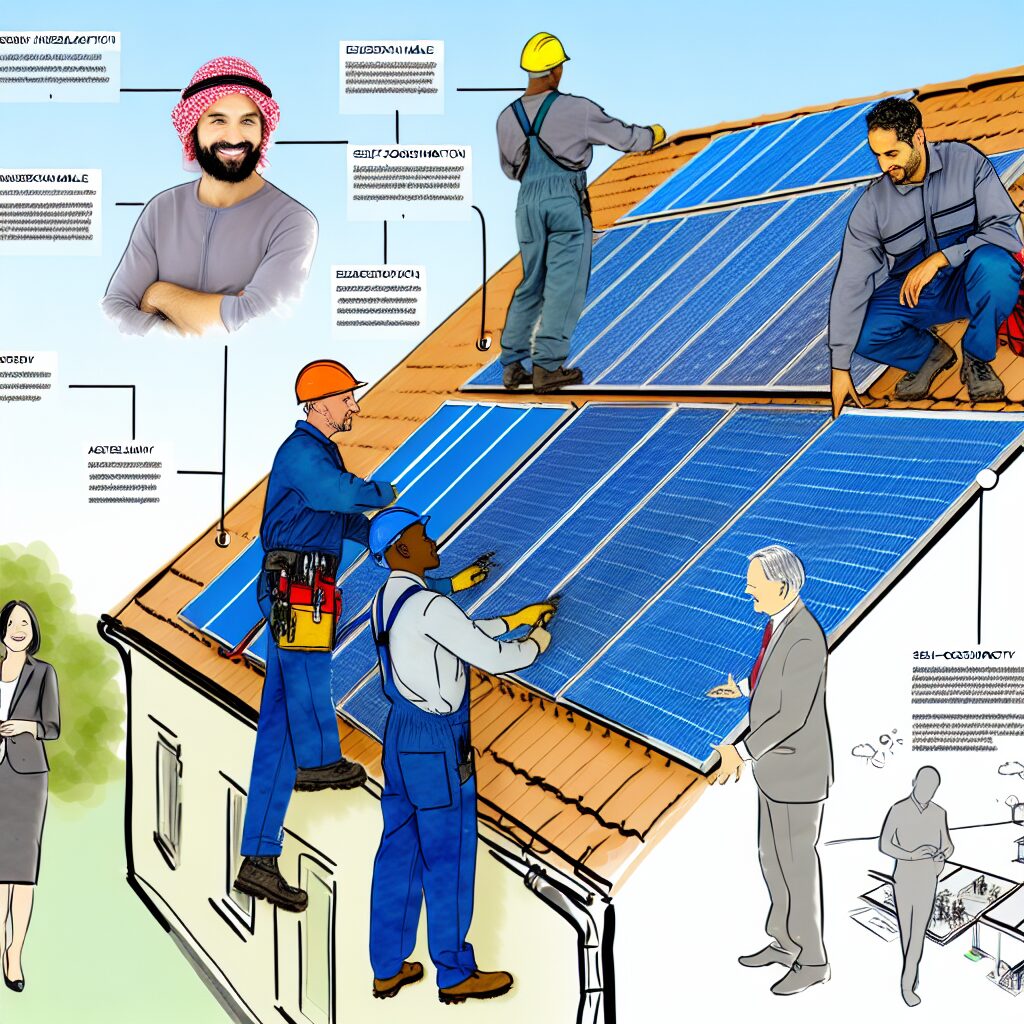 Illustration de travailleurs installant des panneaux solaires sur un toit.