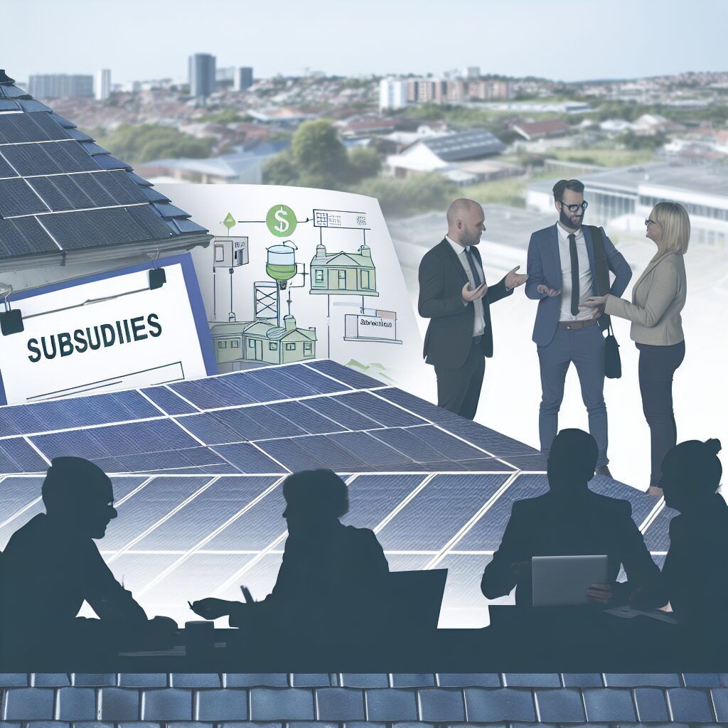 Professionnels discutant de subventions pour l'énergie solaire sur toit.