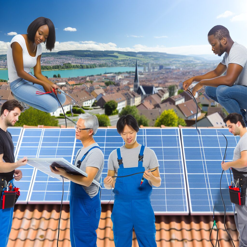 Techniciens installant des panneaux solaires, ville en arrière-plan.