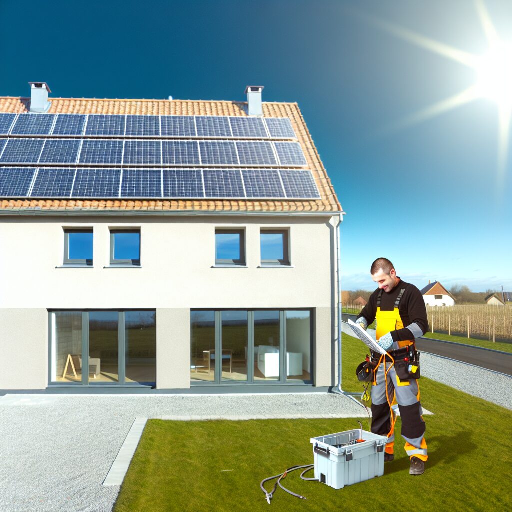 Technicien vérifiant des équipements solaires près d'une maison moderne.