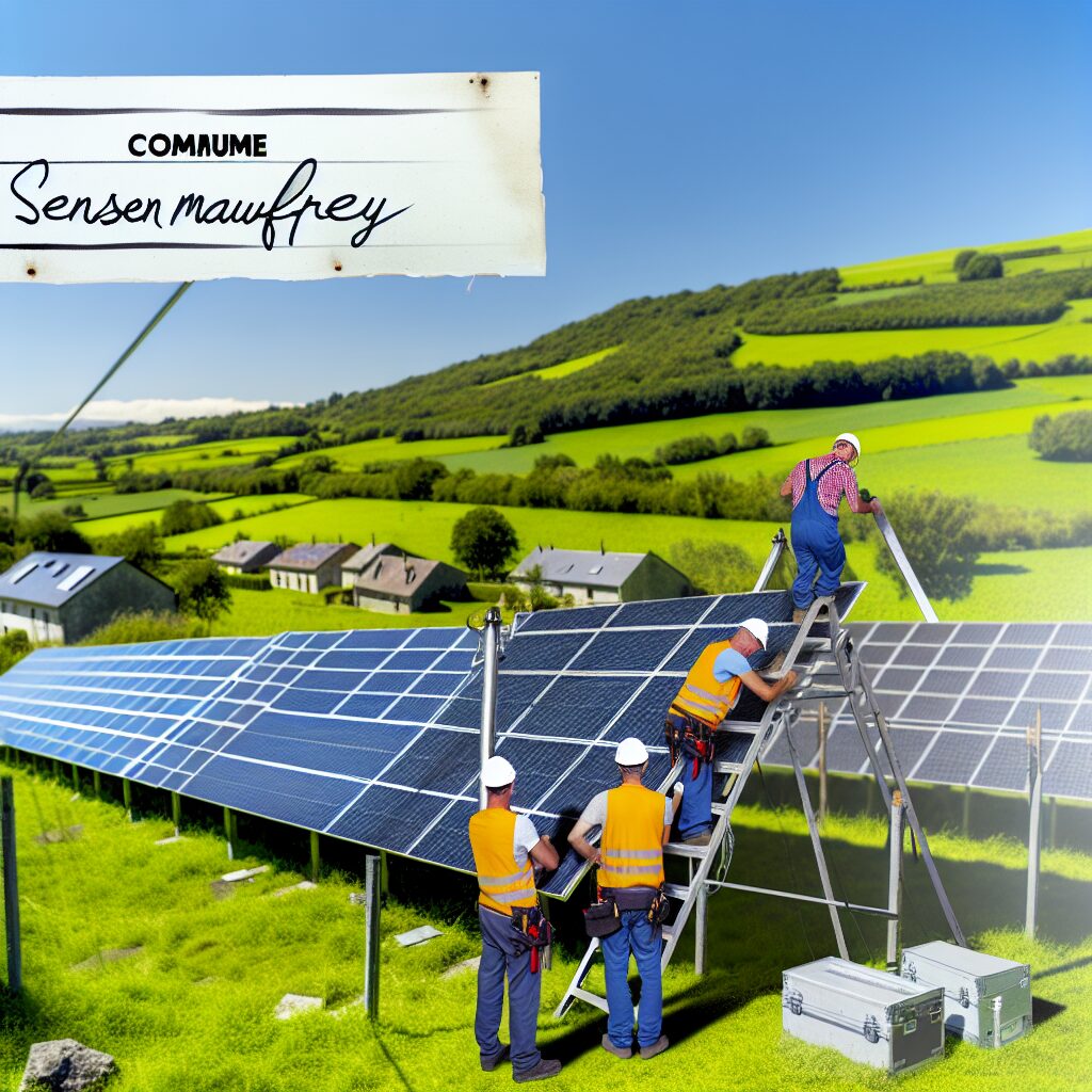 Installation de panneaux solaires en campagne avec panneau indicateur.