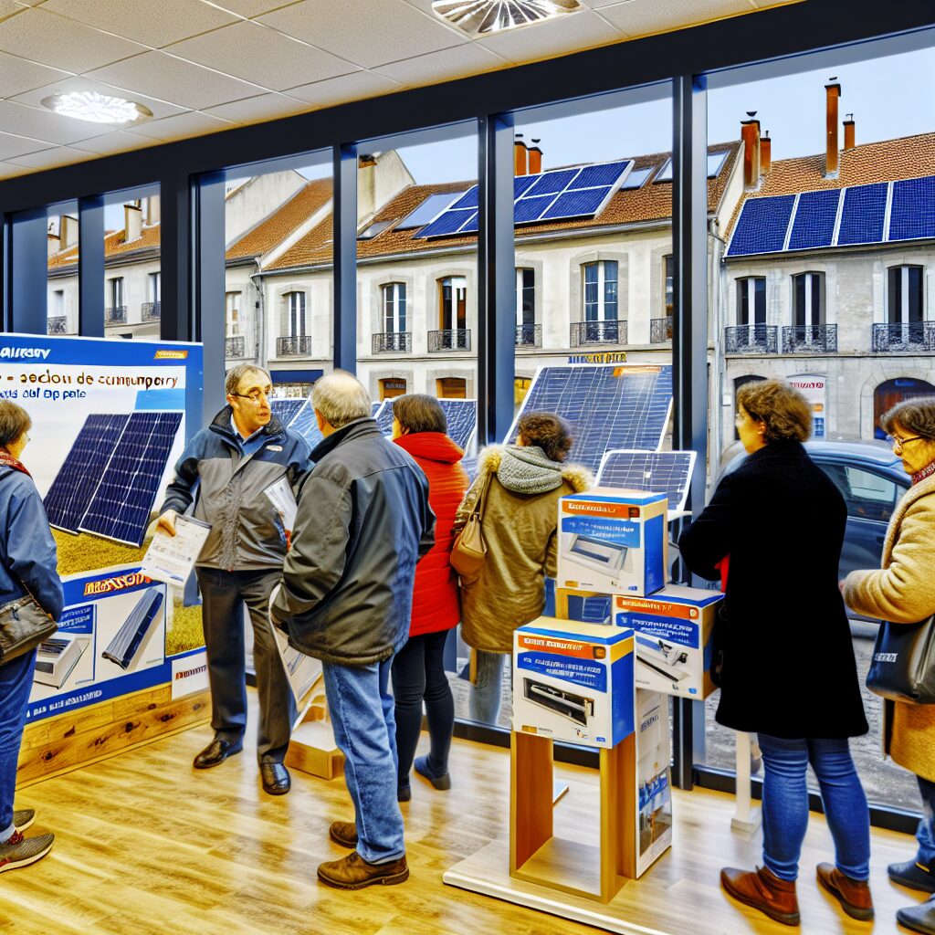 Exposition de panneaux solaires avec des visiteurs intéressés.