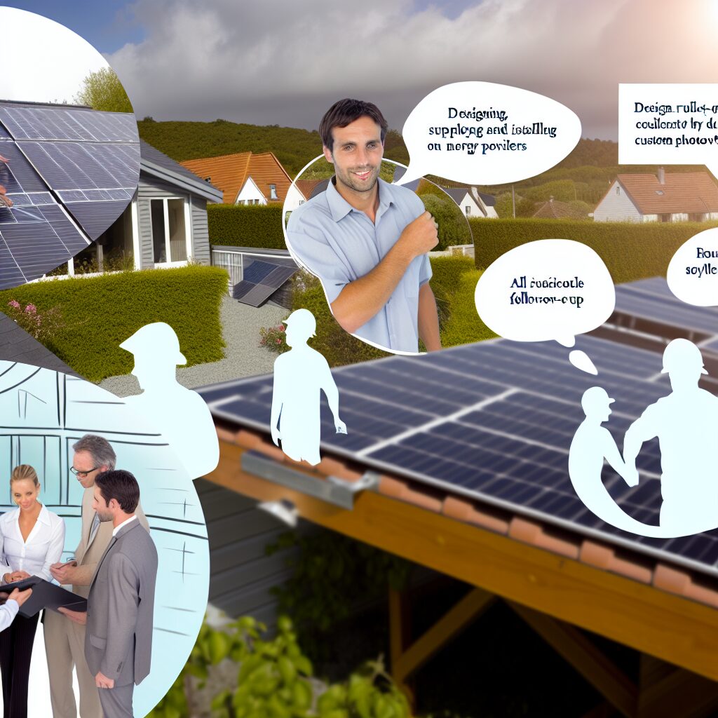 Homme souriant avec des panneaux solaires et des schémas énergétiques.