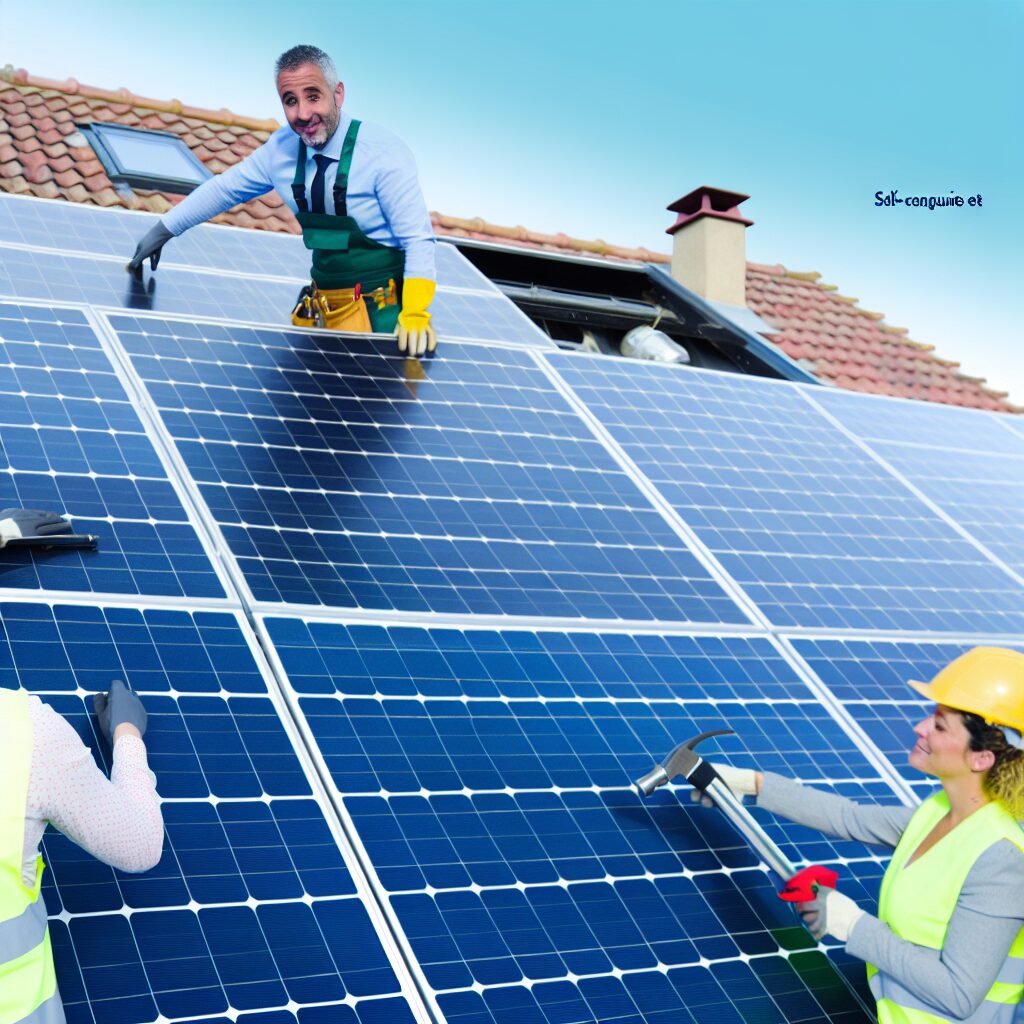 Homme et femme installant des panneaux solaires sur un toit.