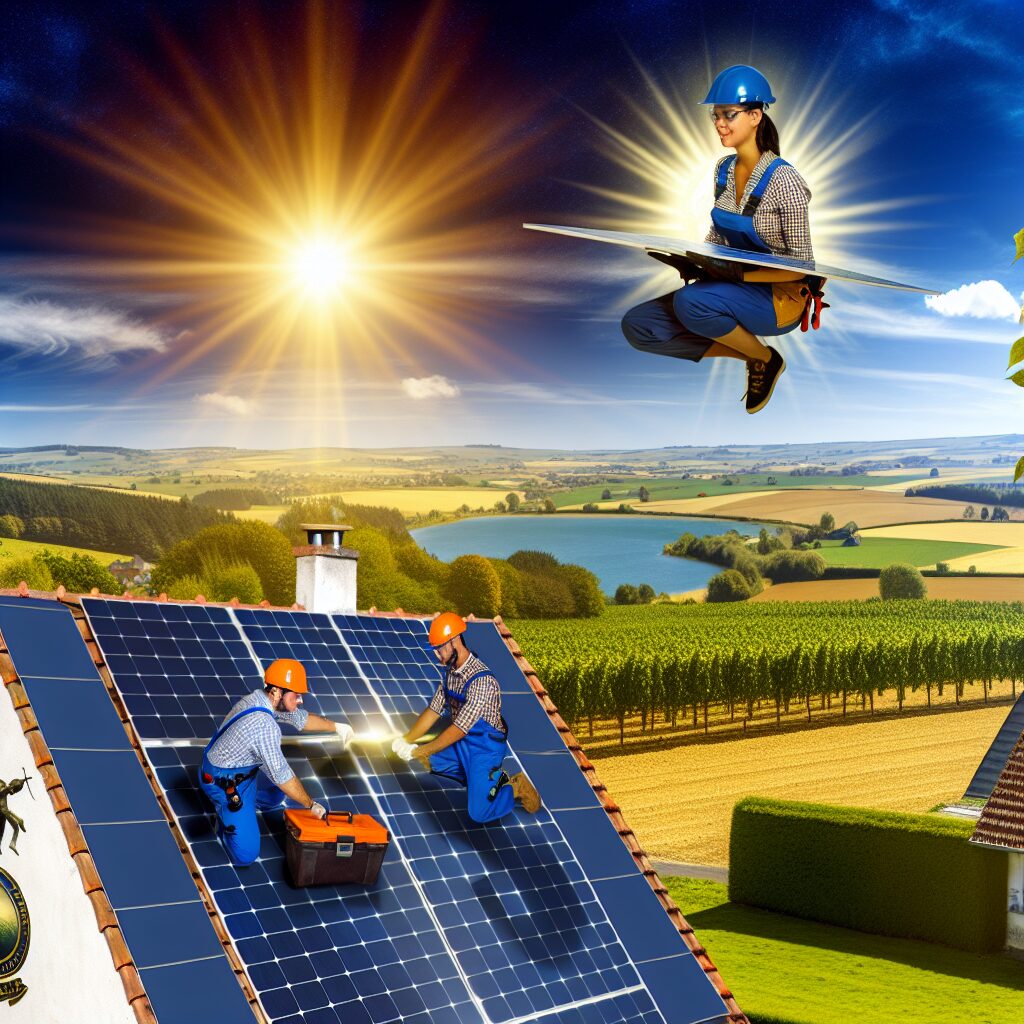 Techniciens installant des panneaux solaires, personne volante, paysage ensoleillé.