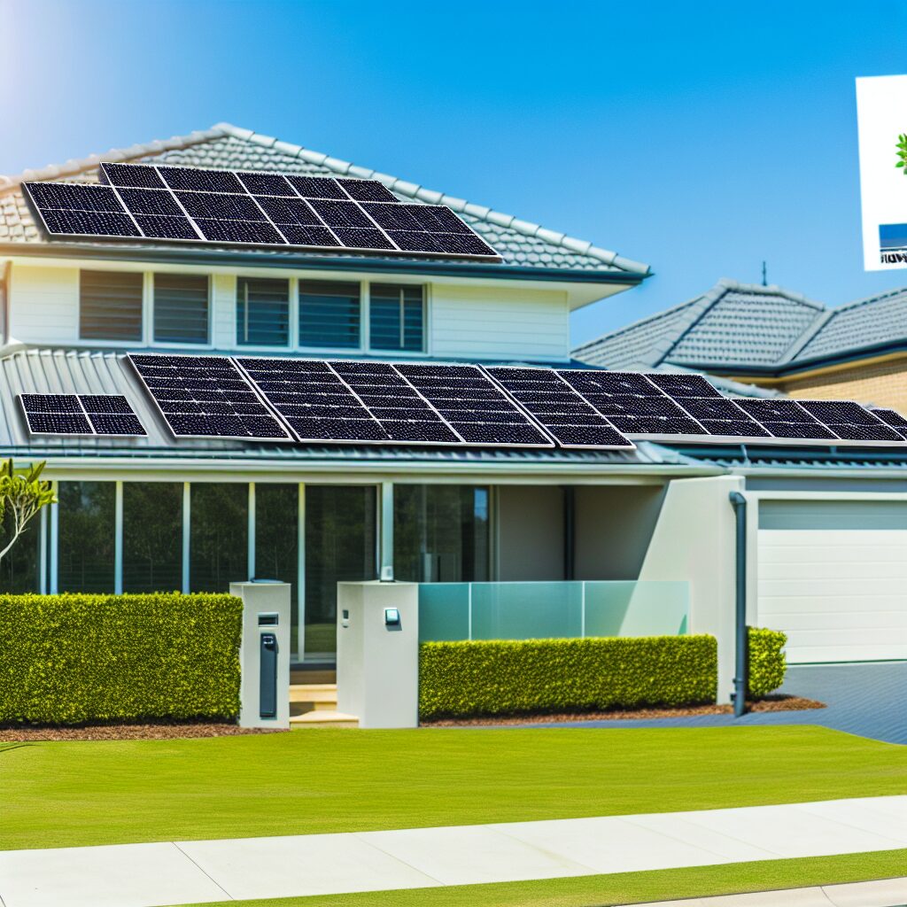 Maison moderne avec panneaux solaires sur le toit.