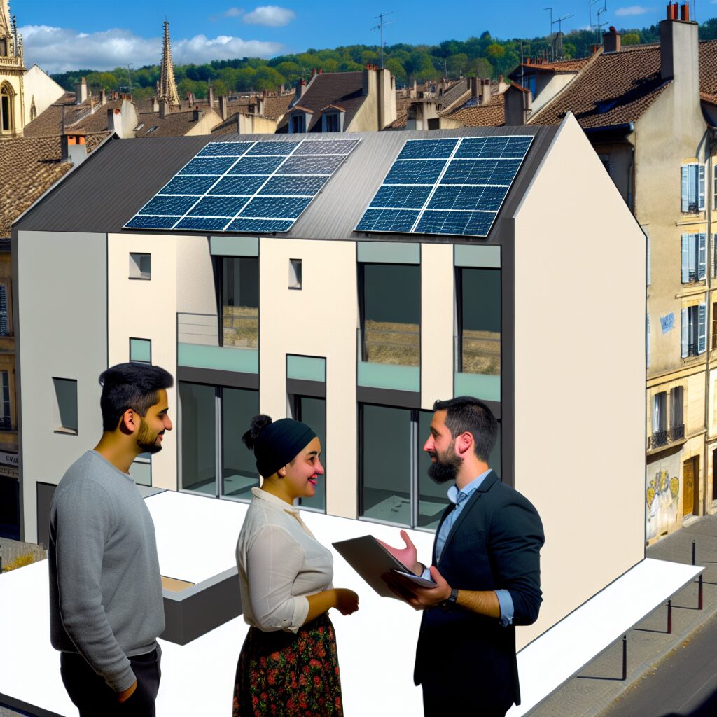 Trois personnes discutent près d'une maquette de bâtiment solaire.