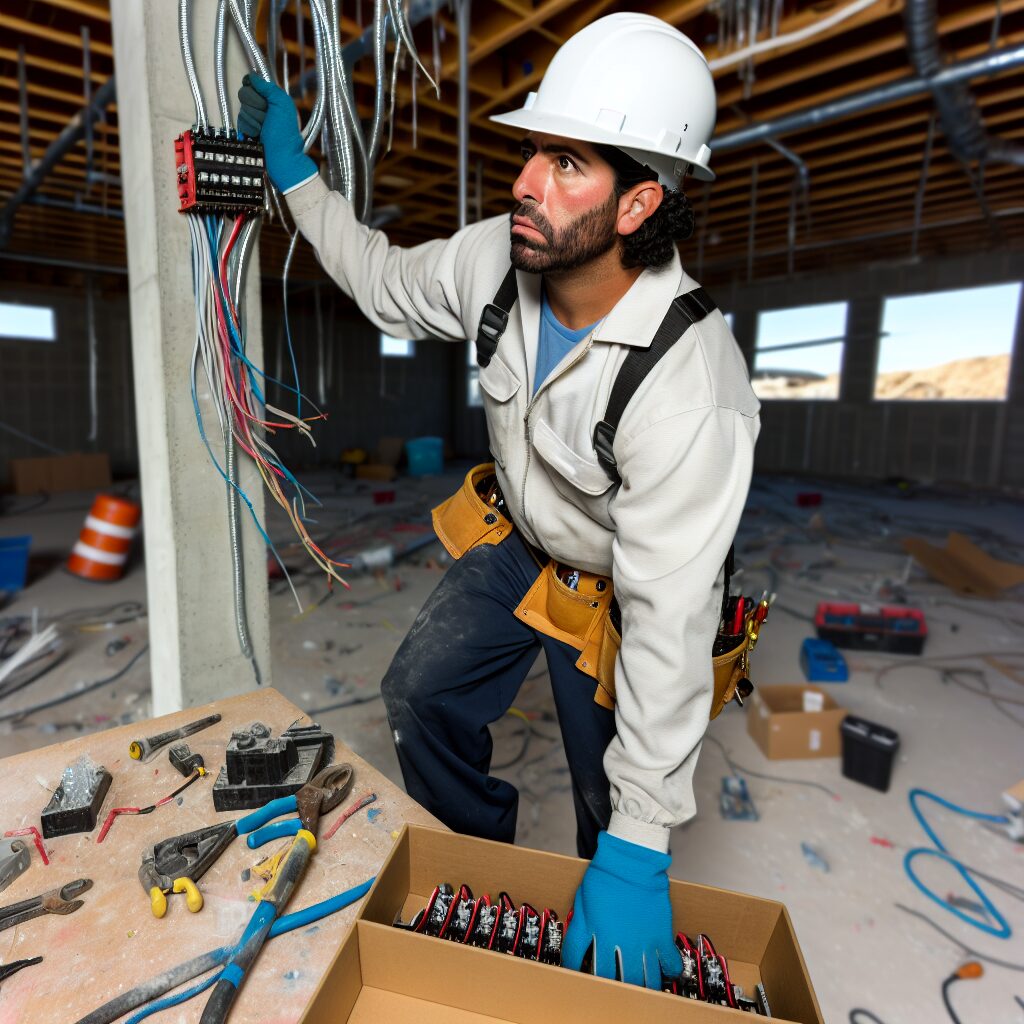 Électricien travaillant sur un tableau de distribution électrique.