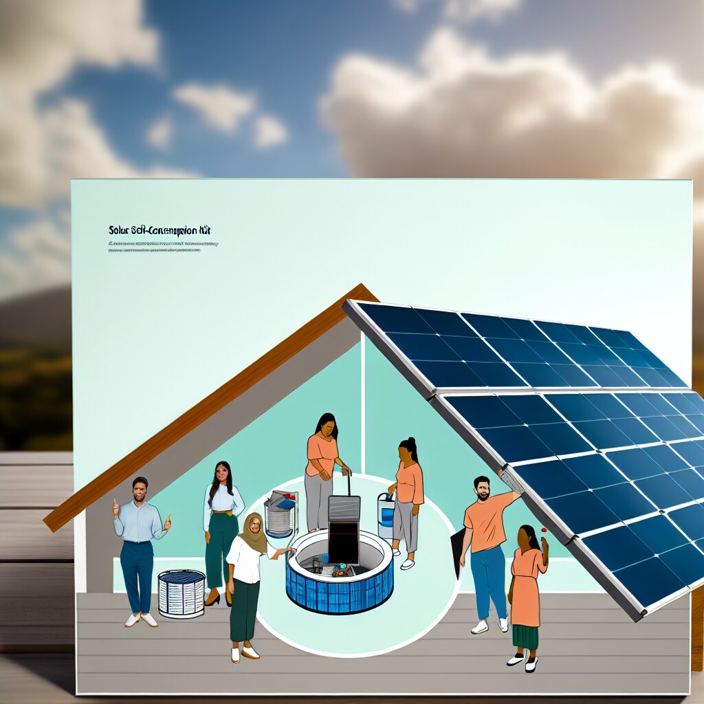 Illustration d'une maison avec des panneaux solaires et des gens.