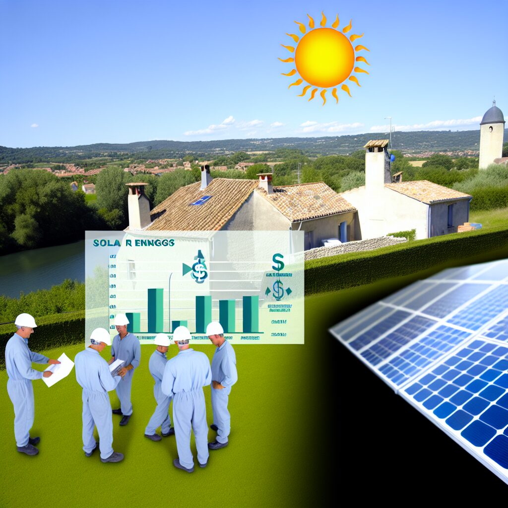 Paysage ensoleillé, panneaux solaires, travailleurs et graphiques de rendement.