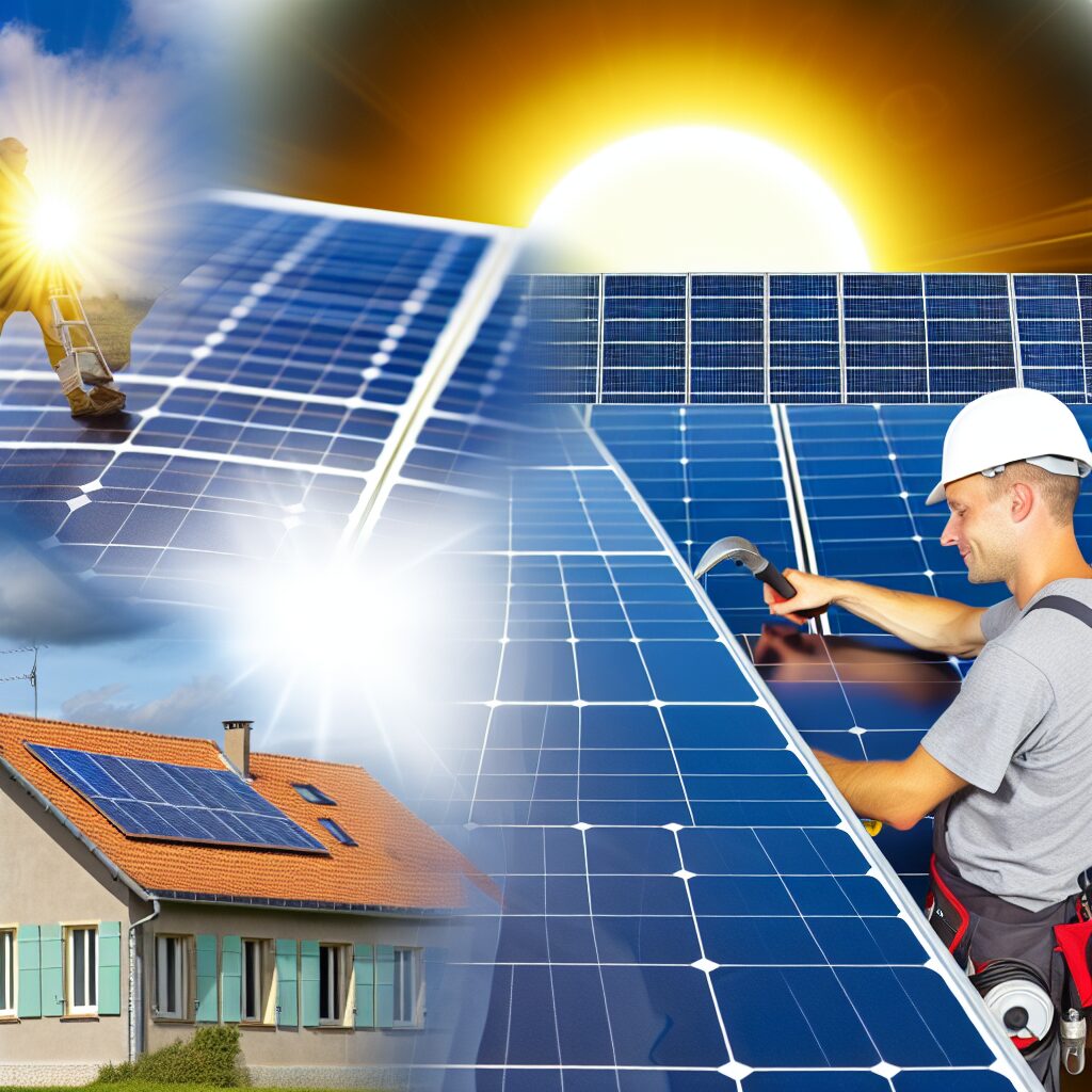 Installateur ajustant des panneaux solaires sur un toit de maison.