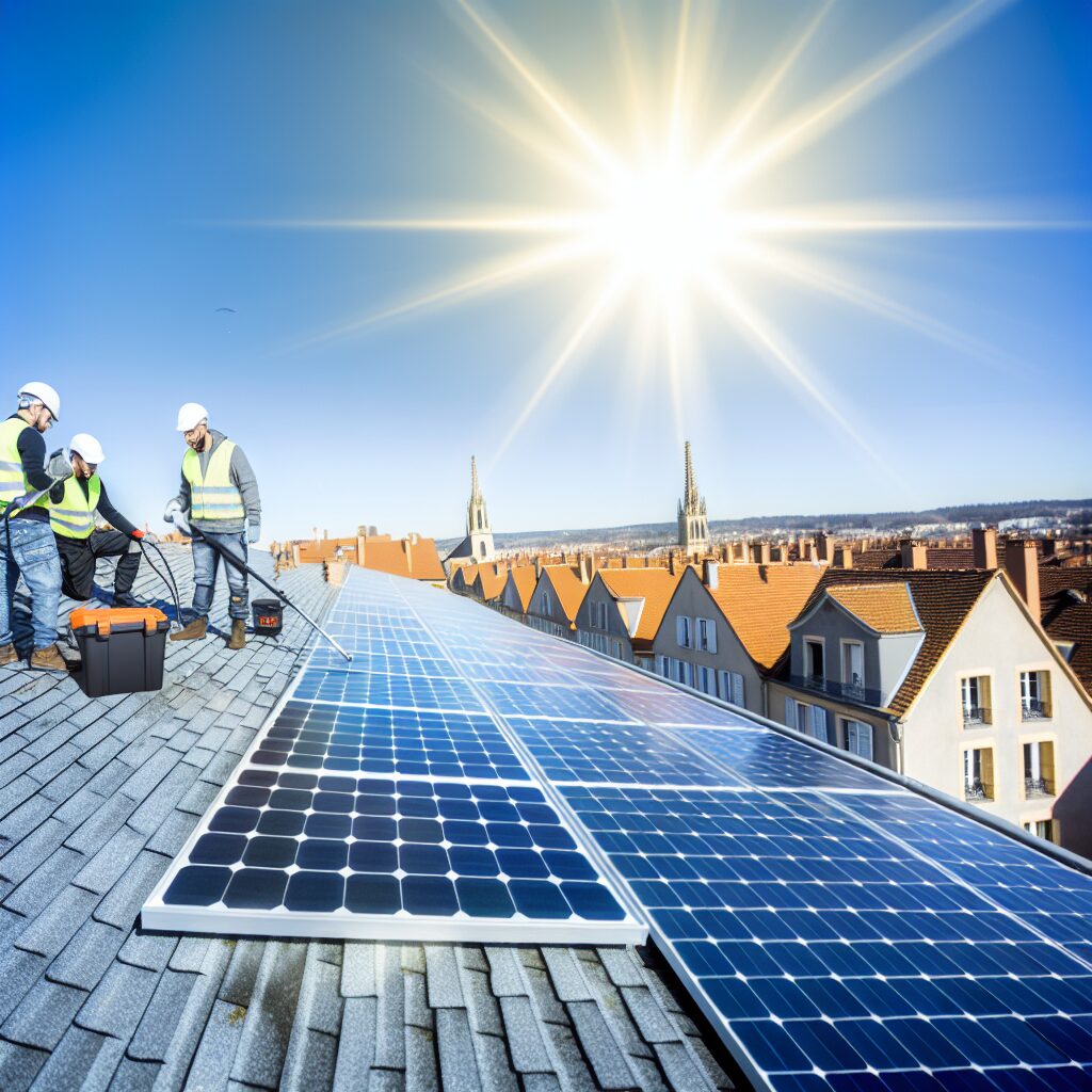 Installation de panneaux solaires sur un toit en ville.