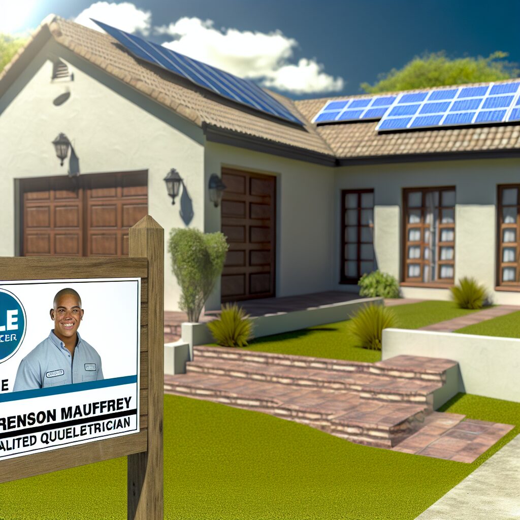 Panneau publicitaire d'électricien devant une maison avec panneaux solaires.