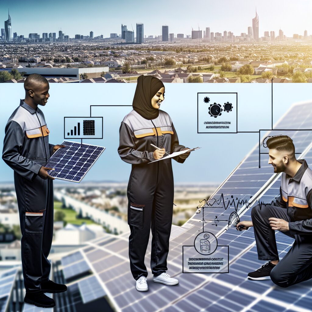 Techniciens discutant de l'efficacité énergétique sur un toit de panneaux solaires.