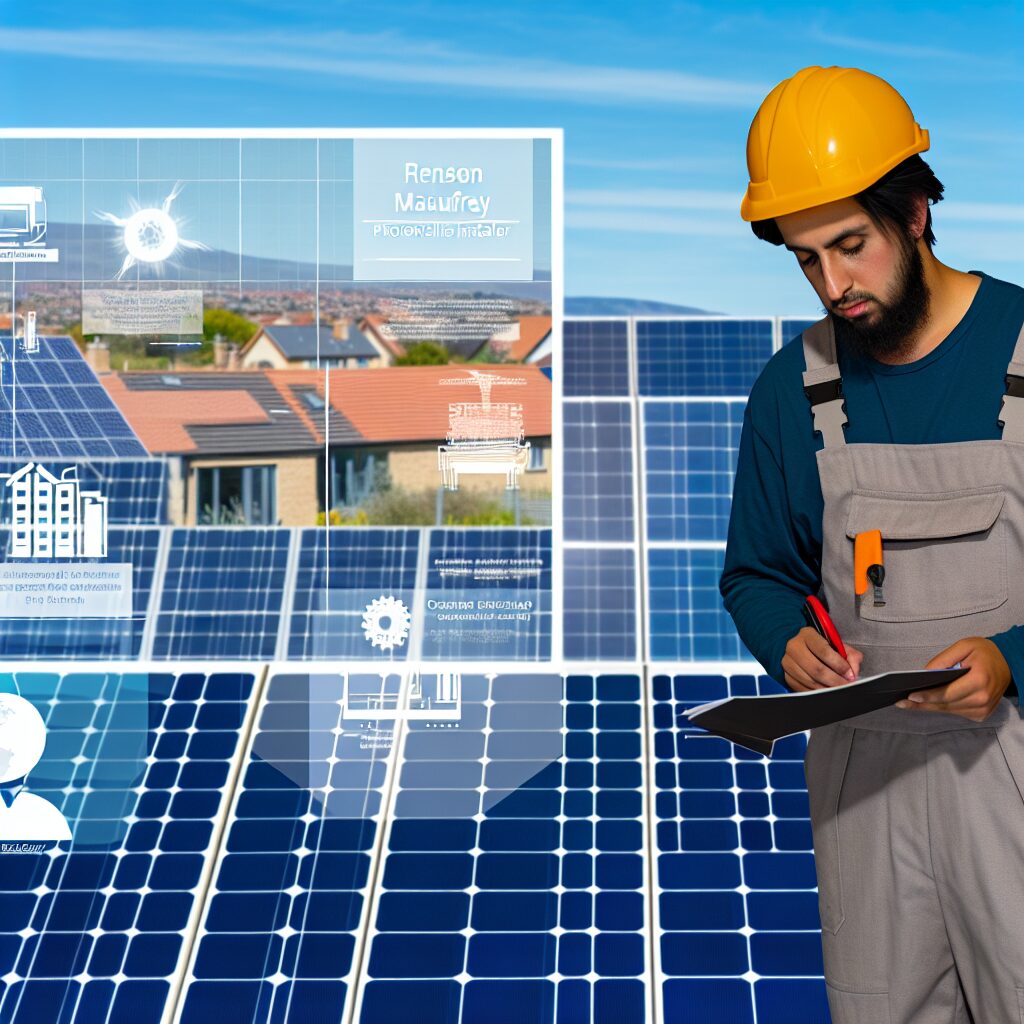 Ouvrier vérifiant un document devant des panneaux solaires.