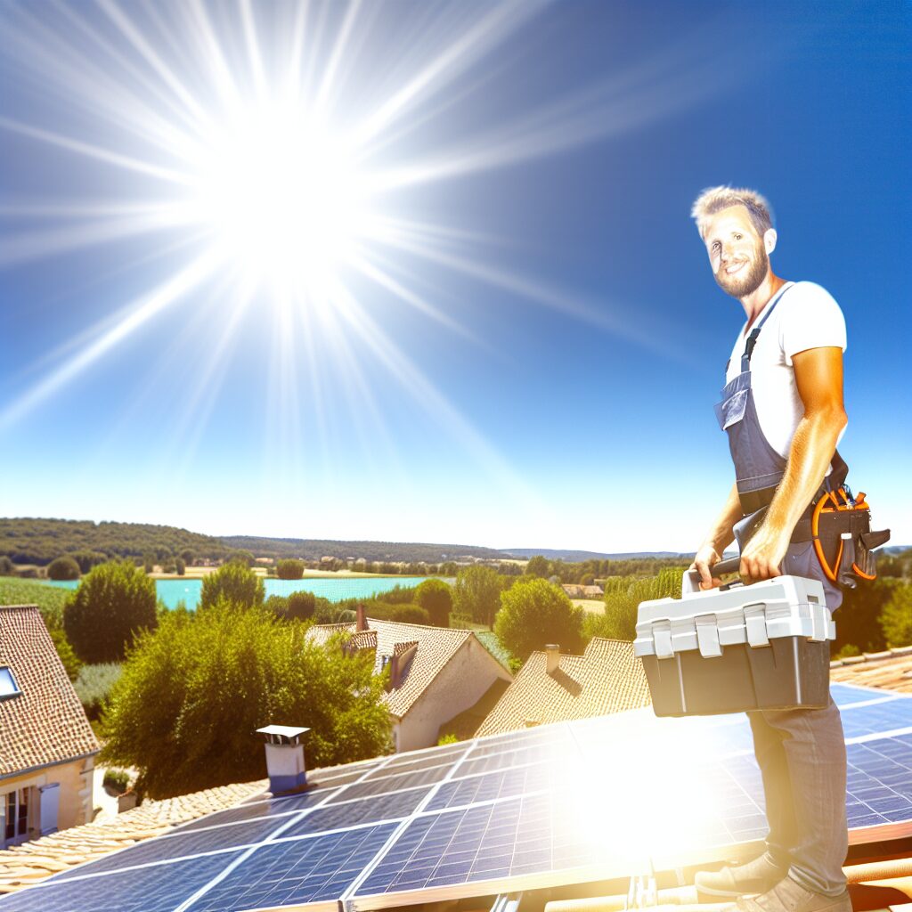 Homme souriant installant des panneaux solaires sur un toit.