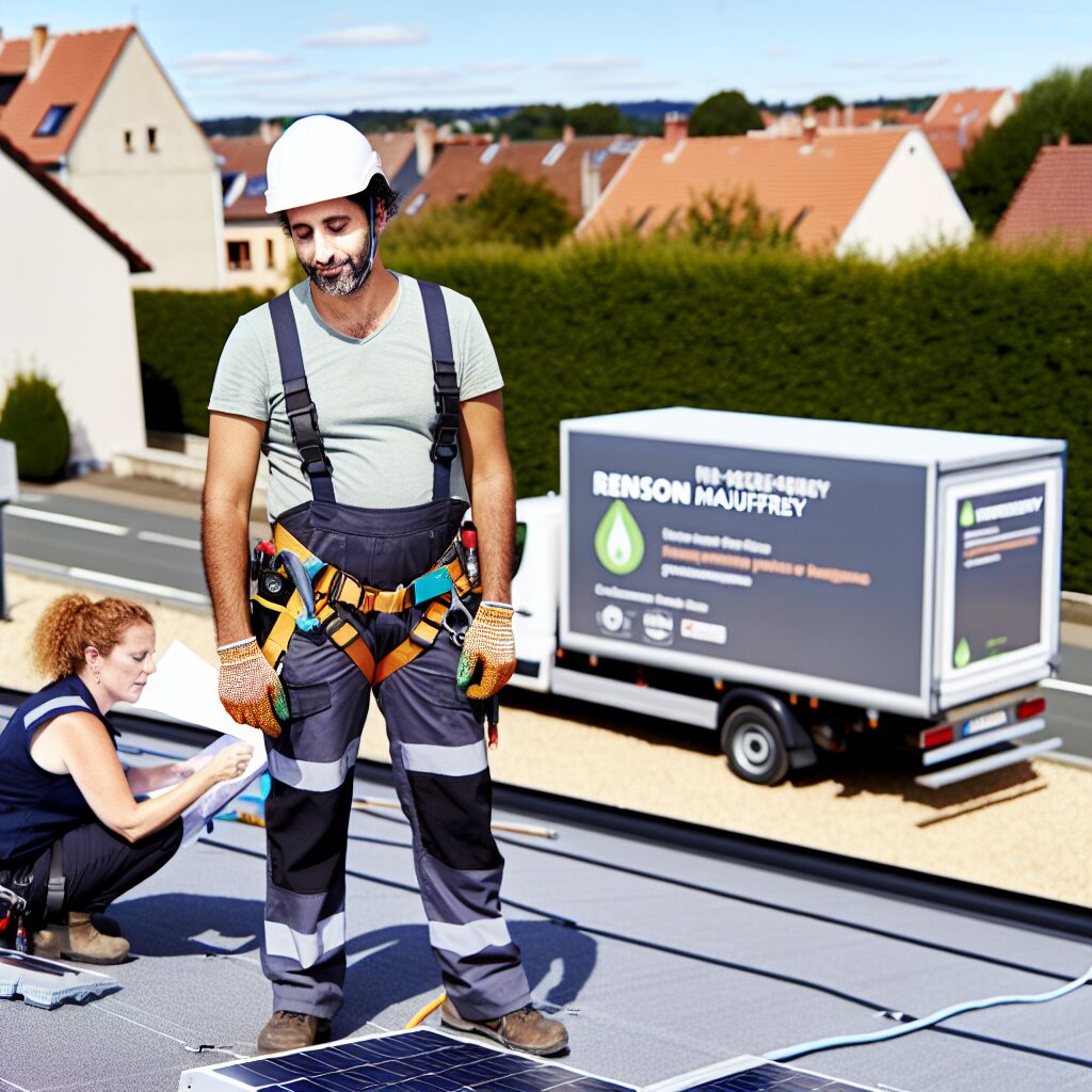 Des installateurs ajustent des panneaux solaires sur un toit.
