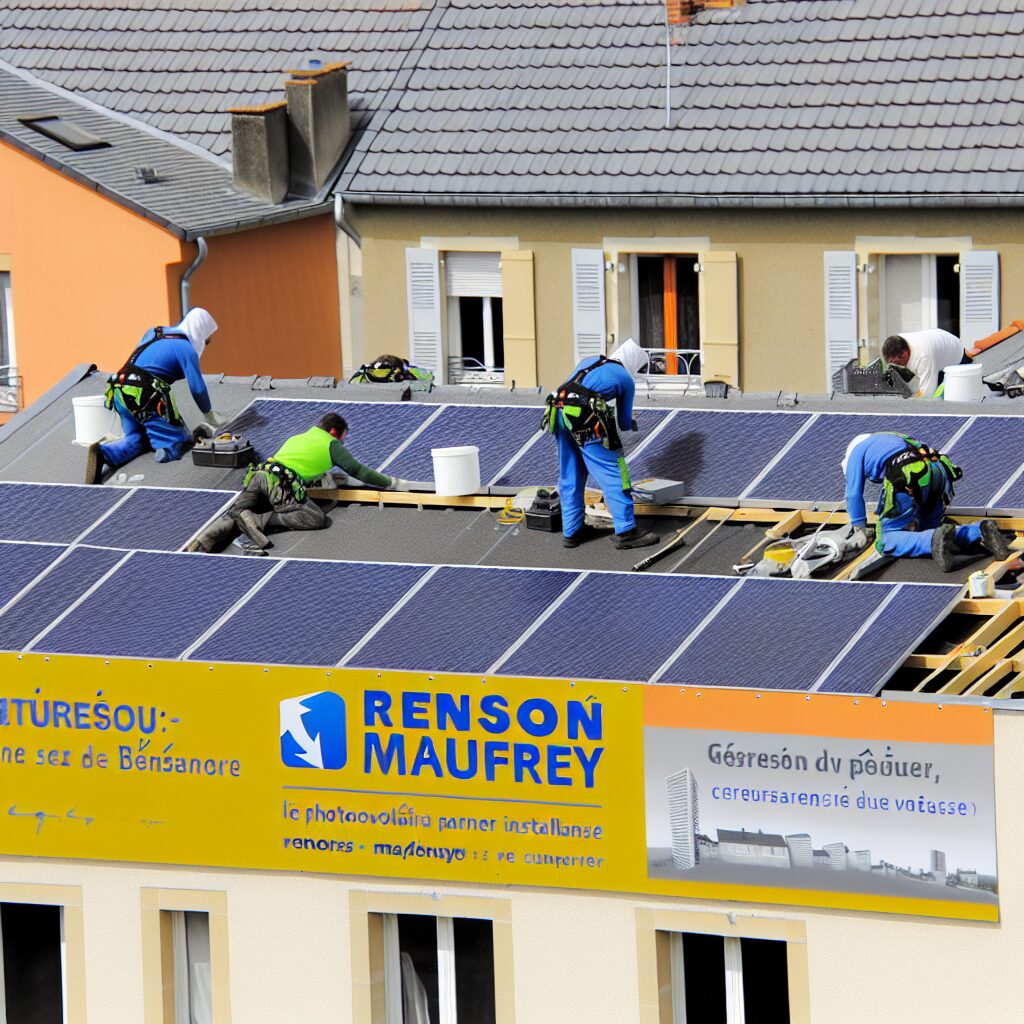 Des travailleurs installent des panneaux solaires sur un toit.